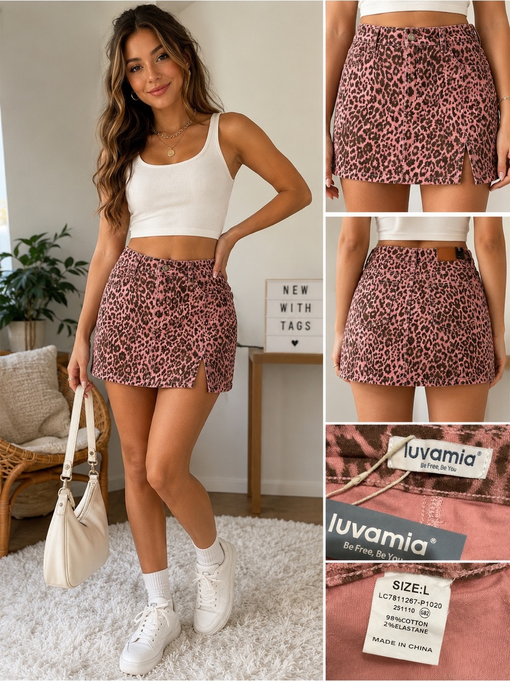 NWT Luvamia Pink Leopard Print Denim Skort L Stretch Mini Skirt Shorts - A2